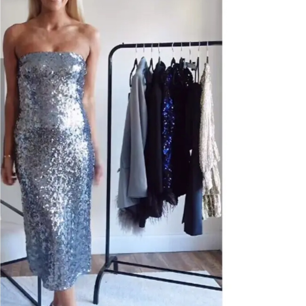 Zara New Woman Silver Sequin Midi Dress Size S Party Cocktail